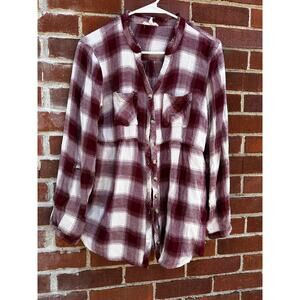 Maurices Burgundy Plaid Button Front Blouse Women’s Large Long Sleeve Shirt